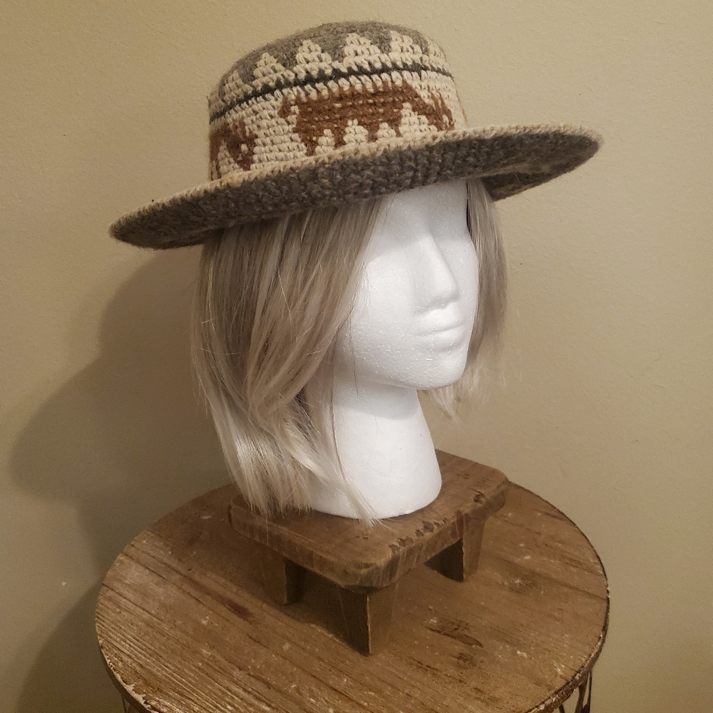 PERUVIAN‎ Vintage Handmade Alpaca Wool Knit Wide Brim Sun Hat Boho Art To Wear